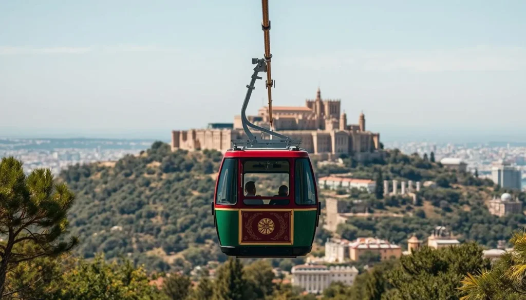 Generate an image of the Montjuïc Cable Car ascending to Montjuïc Castle.