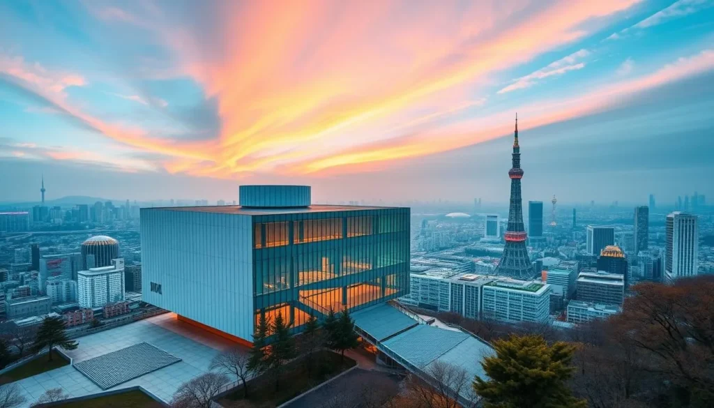 Generate an image of the Mori Art Museum and Tokyo City View at Roppongi Hills, Tokyo, with a beautiful cityscape in the background.