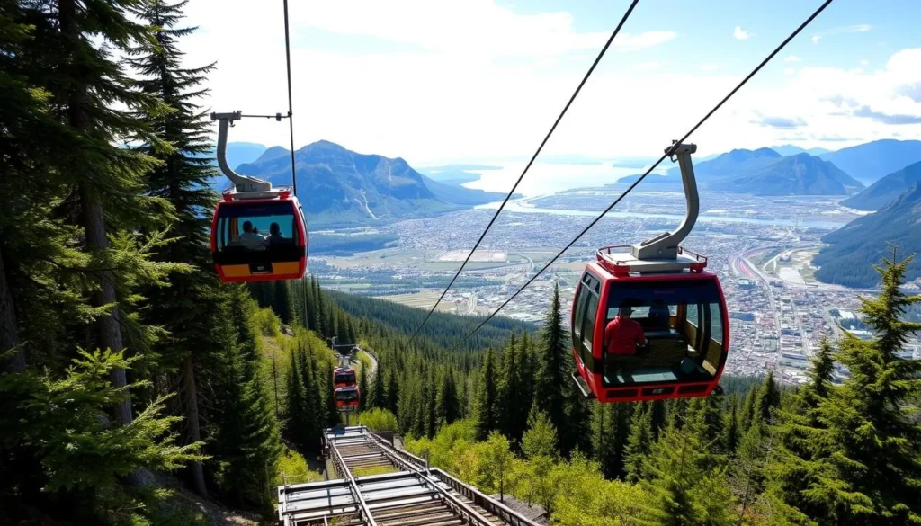 Generate an image of the Mount Roberts Tramway in Juneau, Alaska, showcasing its ascent up the mountain with the cityscape below.