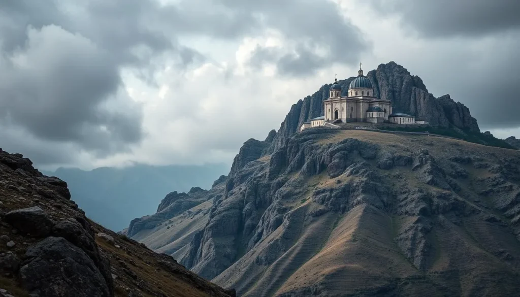 Generate an image of the Mount of Temptation with the Quarantal Monastery clinging to its side.