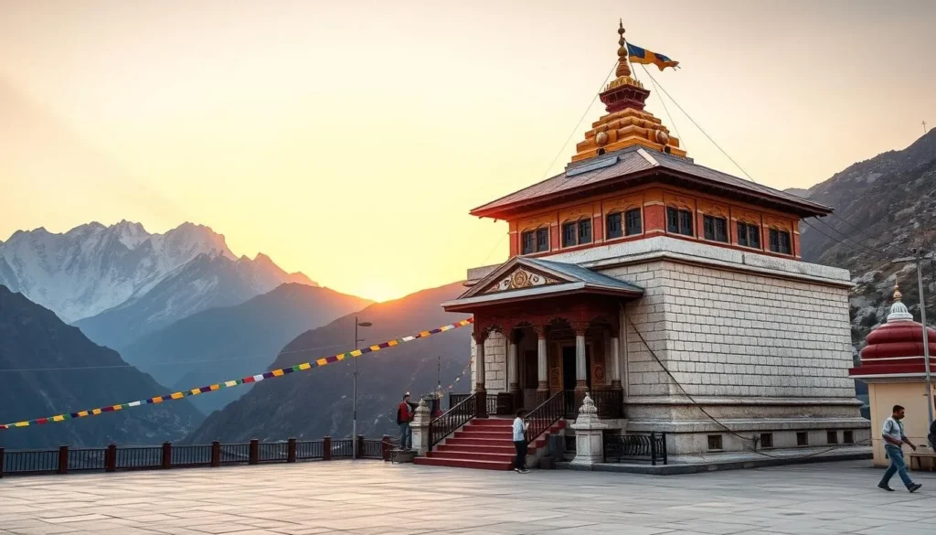 Generate an image of the Muktinath Temple at sunrise, with the Himalayas in the background.