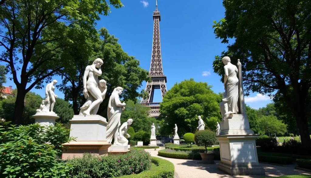 Generate an image of the Musée Rodin's sculpture garden with the Eiffel Tower in the background.