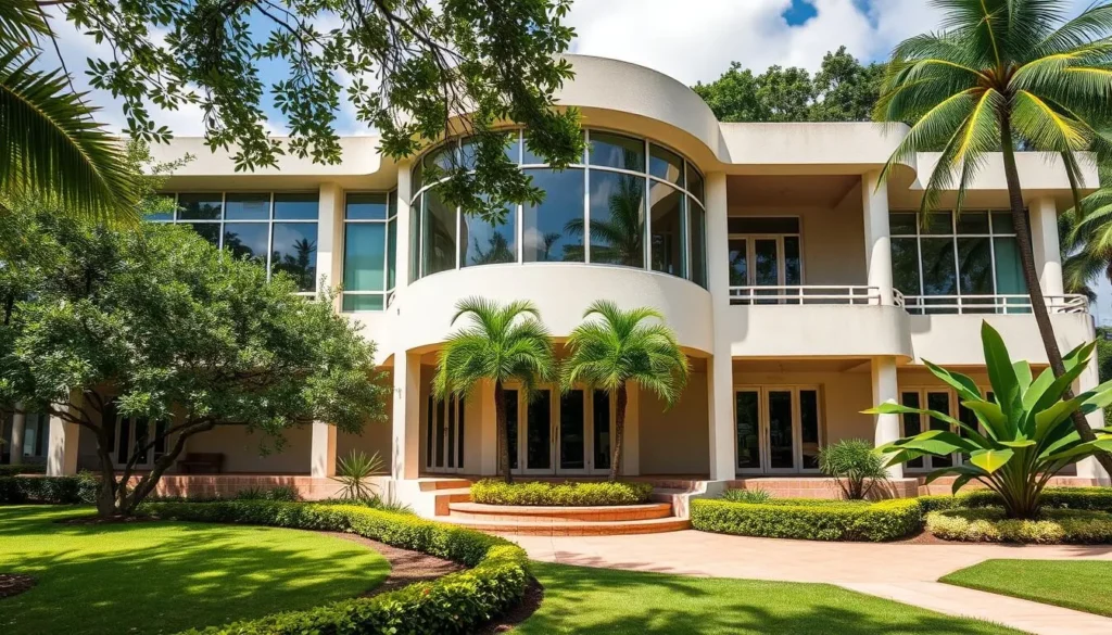 Generate an image of the Museo de Arte de Ponce's elegant mid-century modern building with its hexagonal galleries and beautiful garden.