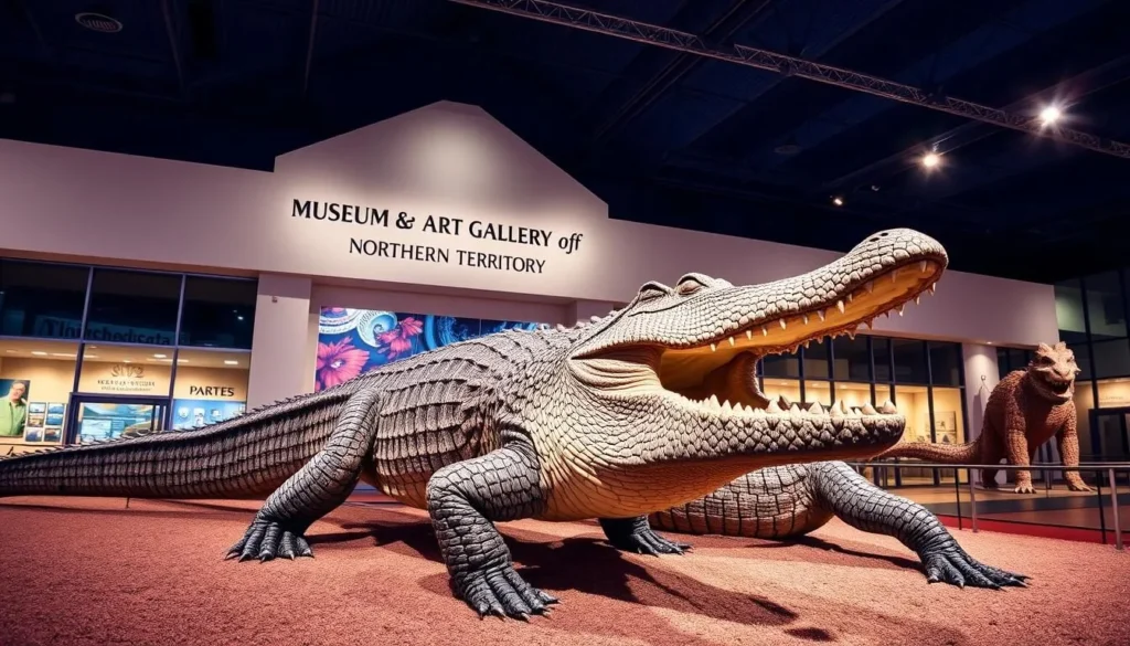 Generate an image of the Museum and Art Gallery of the Northern Territory with "Sweetheart" the crocodile on display.
