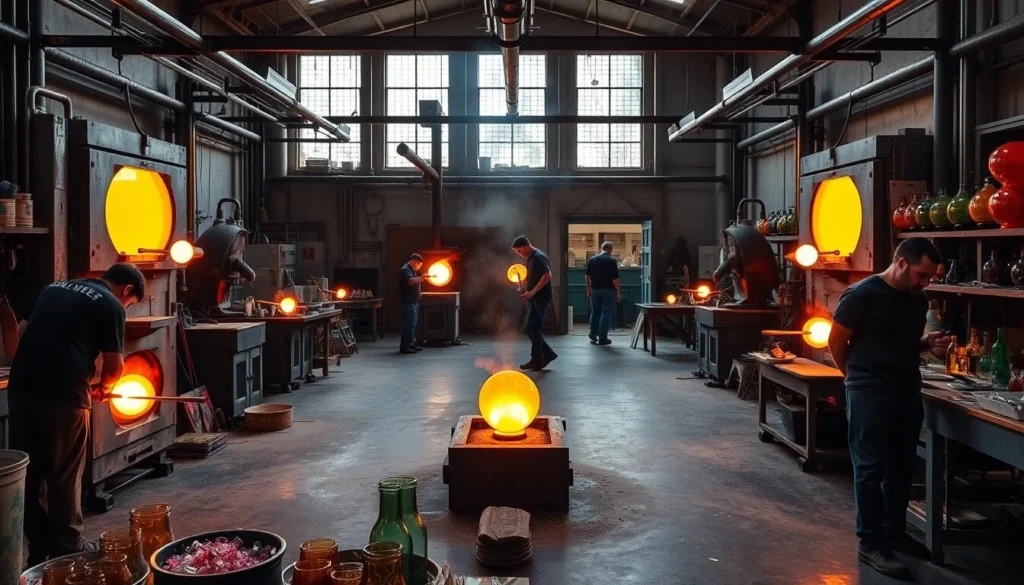Generate an image of the Museum of Glass's hot shop with glassblowing artists at work.