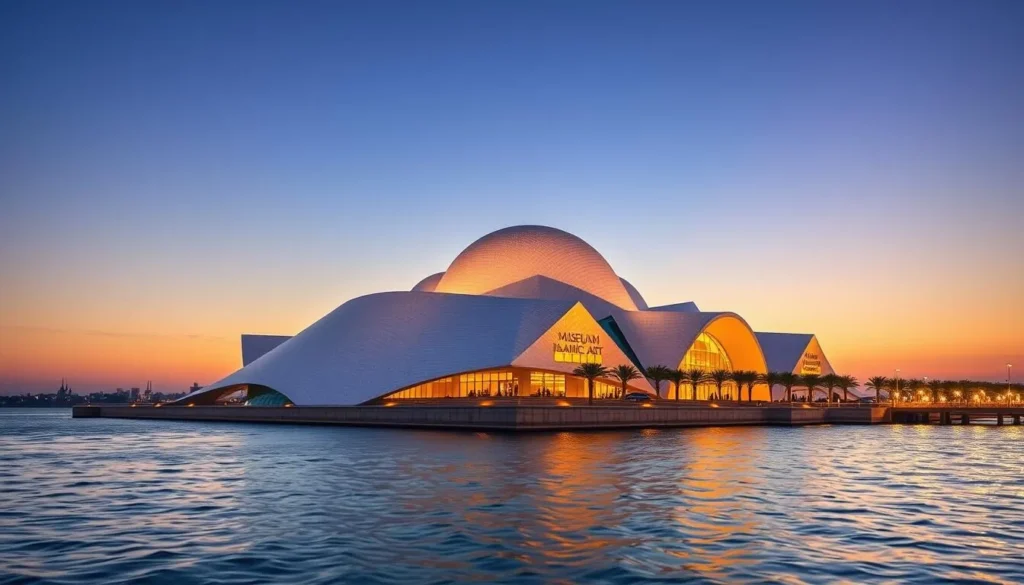 Generate an image of the Museum of Islamic Art in Doha, Qatar, showcasing its unique architecture and waterfront location.