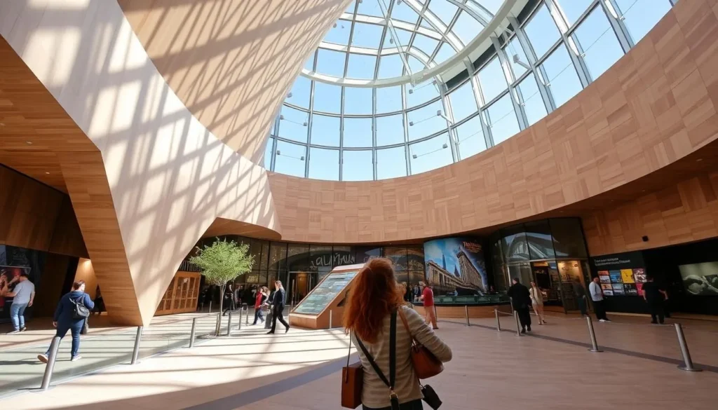 Generate an image of the Musical Instrument Museum in Phoenix, Arizona, showcasing its unique architecture and a visitor playing an instrument in the Experience Gallery.