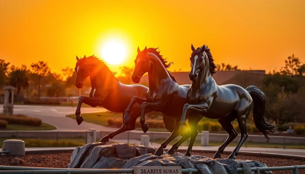 Generate an image of the Mustangs of Las Colinas sculpture at sunset, with the bronze horses gleaming in the golden light.