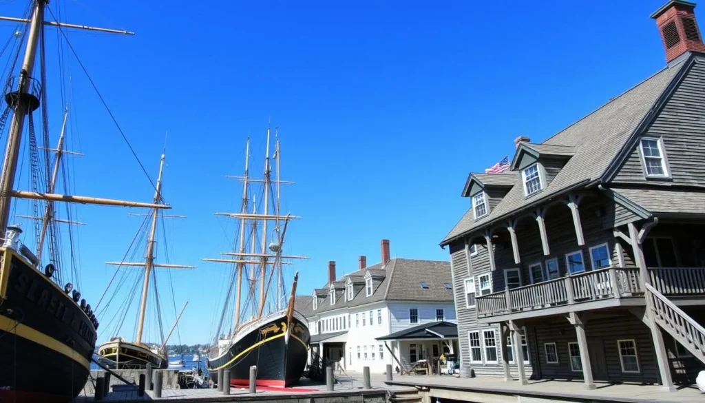 Generate an image of the Mystic Seaport Museum's historic ships and buildings.