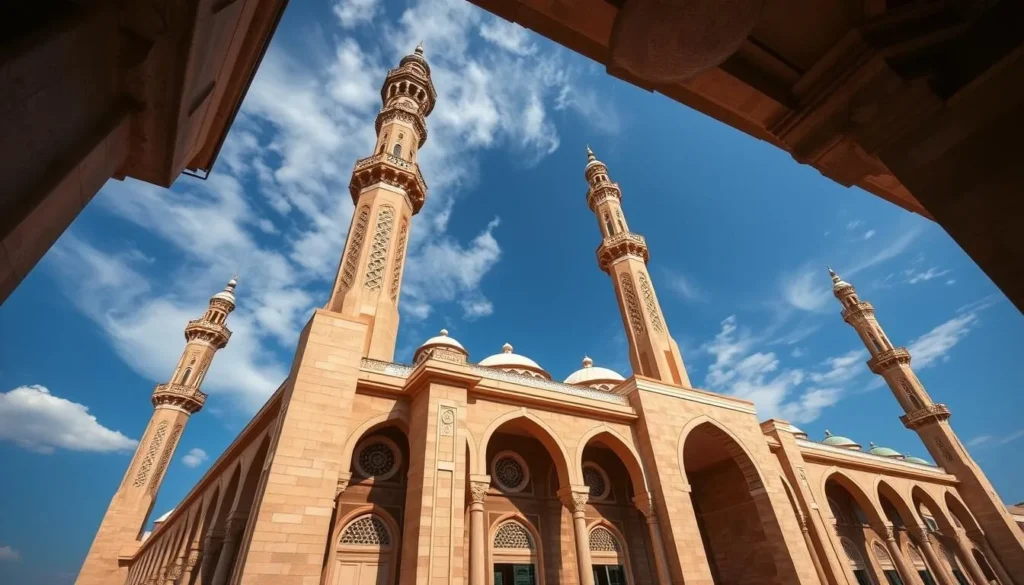 Generate an image of the N'Djamena Grand Mosque's impressive architecture and minarets.