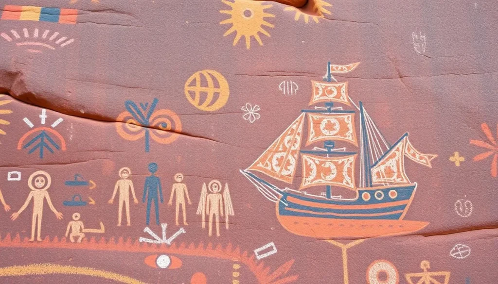 Generate an image of the Nanguluwurr rock art gallery with a European sailing ship painting.