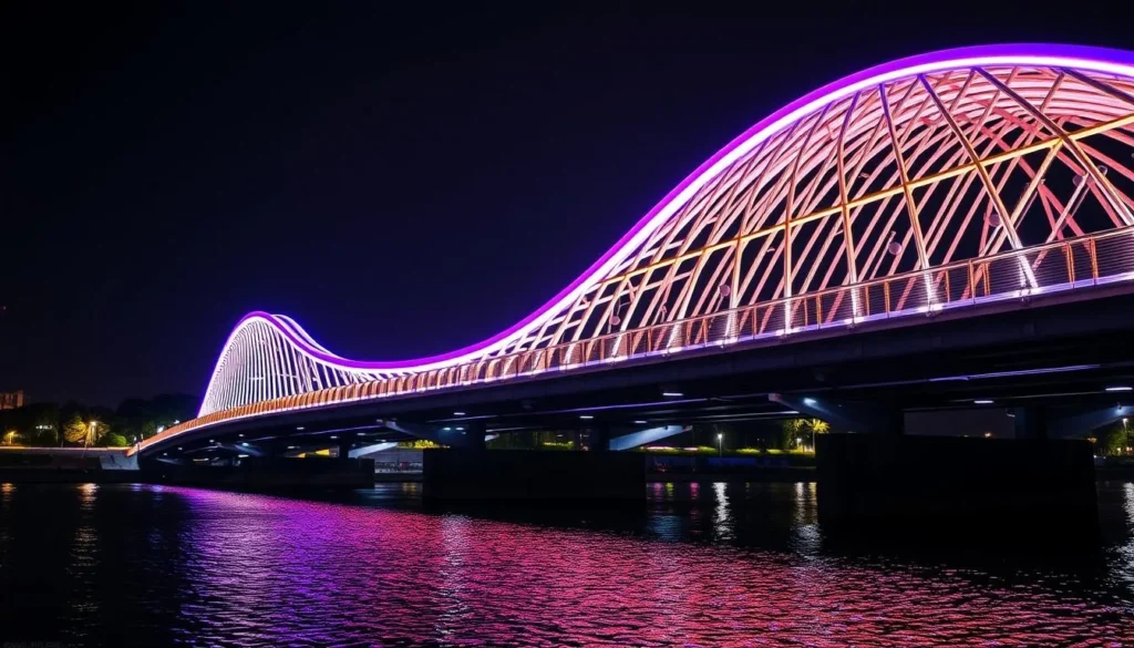 Generate an image of the Nanjing Eye Pedestrian Bridge at night with its spectacular lighting.