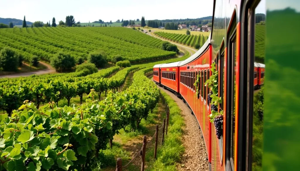 Generate an image of the Napa Valley Wine Train traveling through the vineyards.