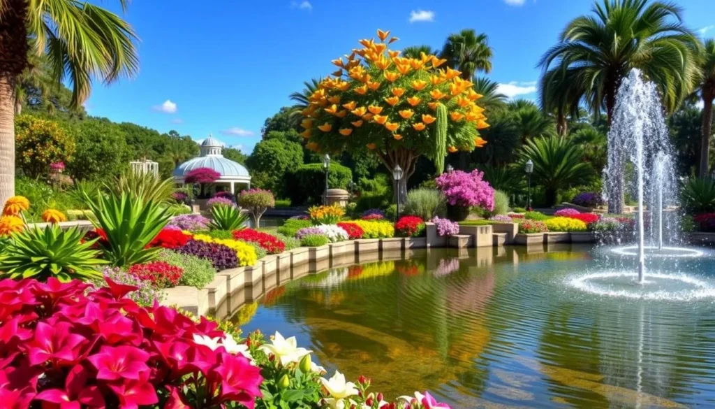 Generate an image of the Naples Botanical Garden's beautiful floral displays and tranquil water features.