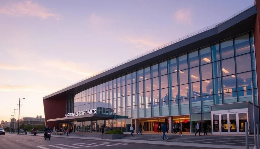 Generate an image of the Narrows Center for the Arts building in Fall River, showcasing its modern architecture and vibrant cultural atmosphere.