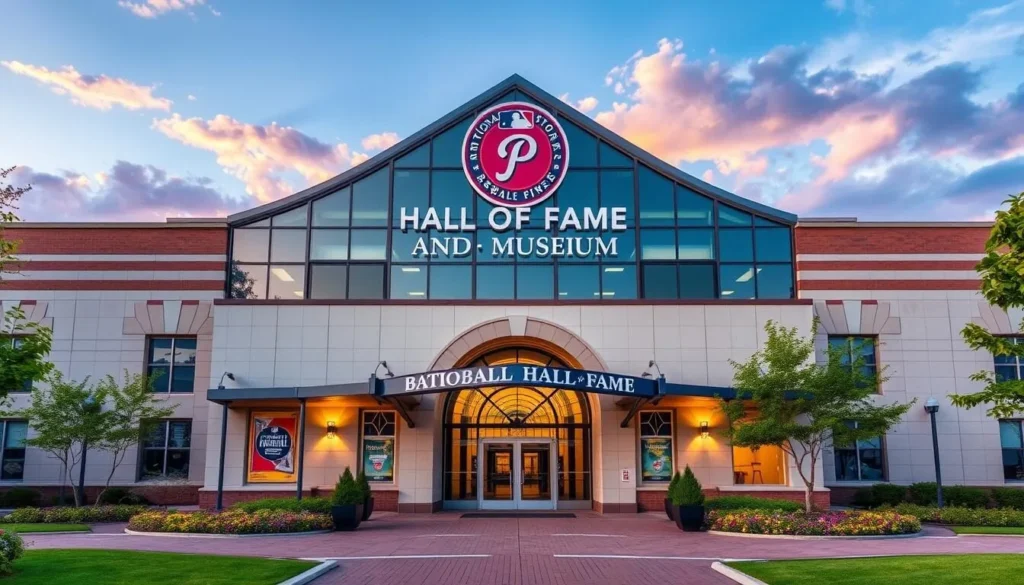 Generate an image of the National Baseball Hall of Fame and Museum's grand entrance.