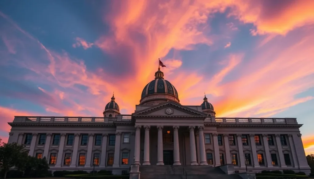 Generate an image of the National Congress Building's exterior at sunset