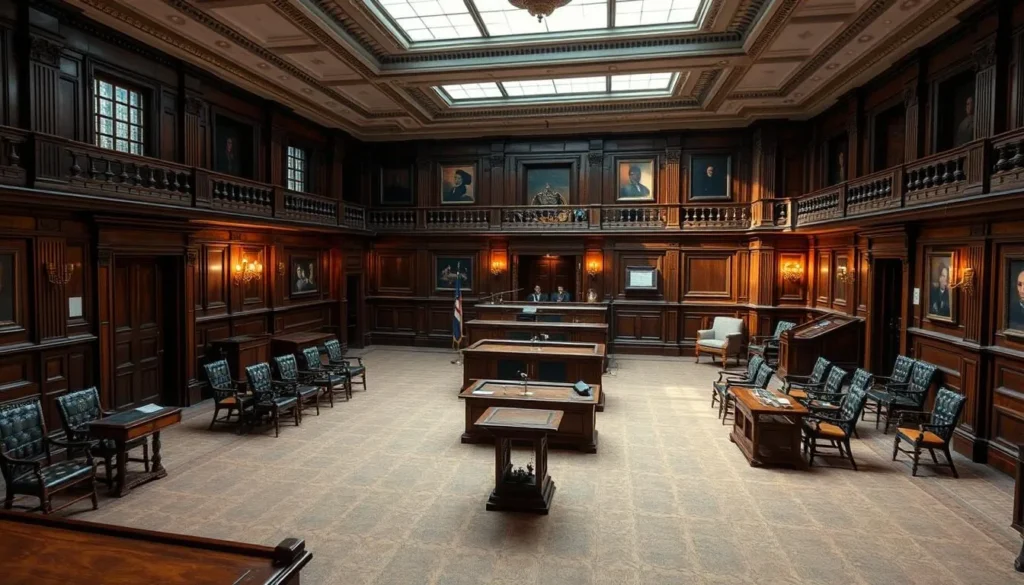 Generate an image of the National Justice Museum's historic courtroom.