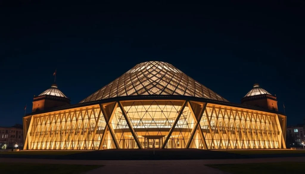 Generate an image of the National Library of Belarus, a rhombicuboctahedron structure illuminated at night.