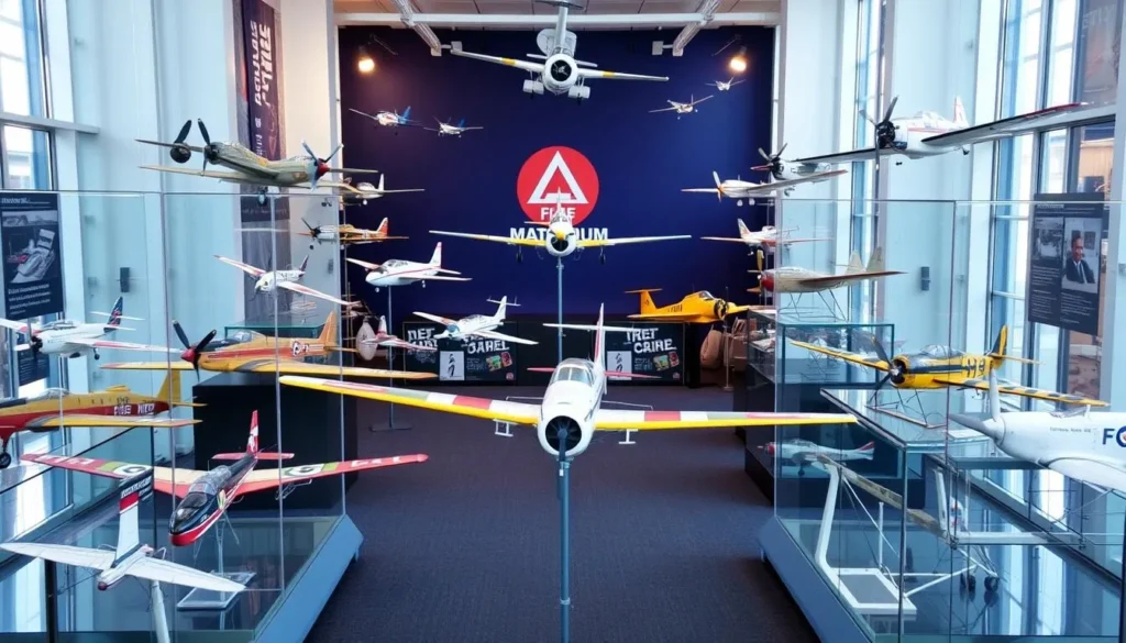 Generate an image of the National Model Aviation Museum's exhibits showcasing intricate model aircraft.