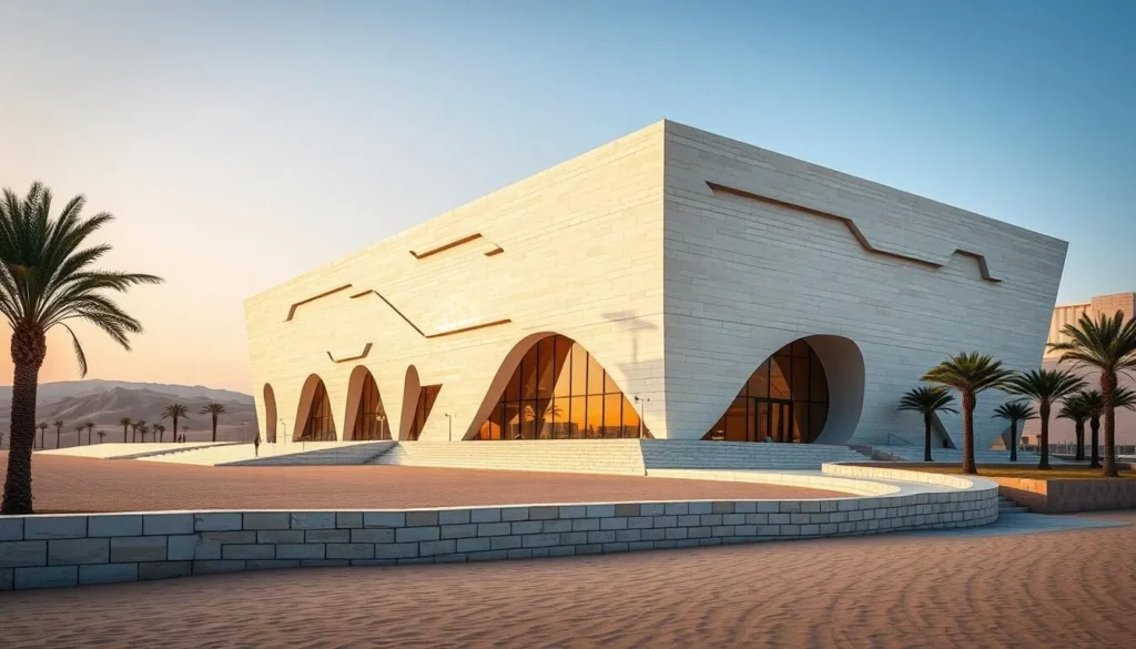 Generate an image of the National Museum of Qatar's striking desert rose-inspired architecture