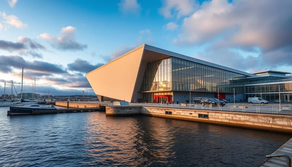 Generate an image of the National Waterfront Museum in Swansea, showcasing its modern architecture and waterfront location.