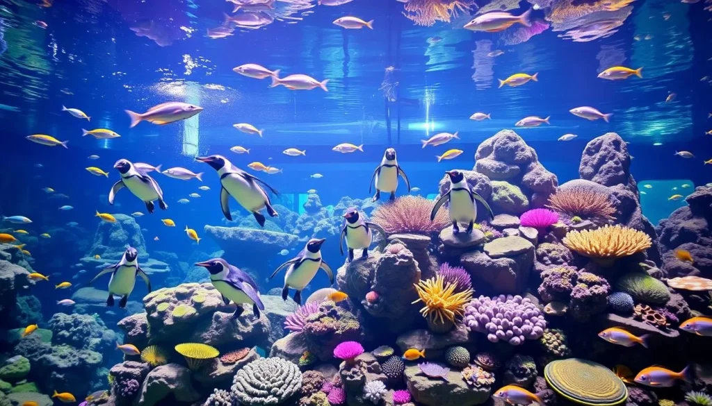 Generate an image of the New England Aquarium's Giant Ocean Tank with penguins and other marine life.