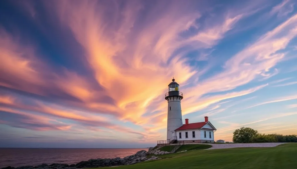 Generate an image of the New Presque Isle Lighthouse standing tall on the shores of Lake Huron, with a dramatic sky in the background.