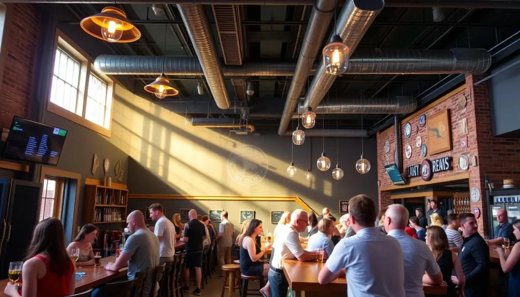 Generate an image of the Newburyport Brewing Company's taproom, showcasing its modern decor and lively atmosphere.
