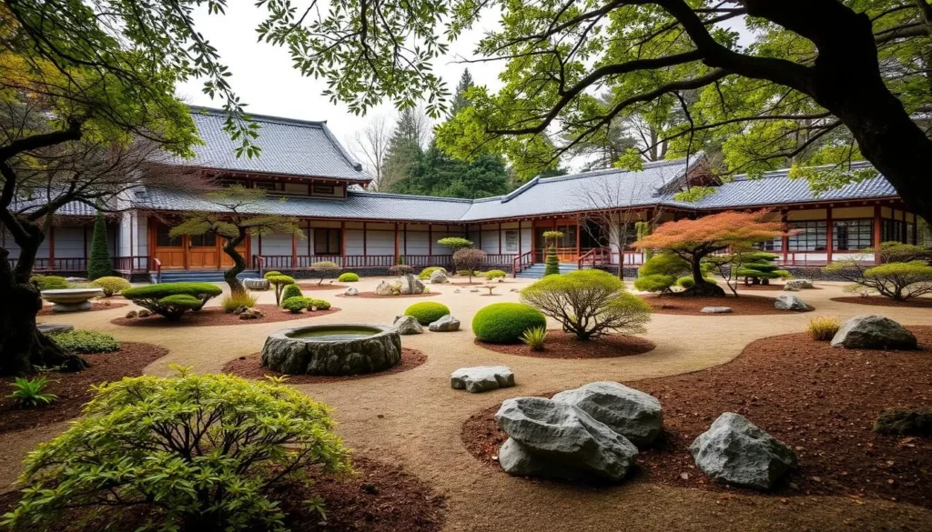 Generate an image of the Nezu Museum's serene Japanese garden with traditional architecture in the background.