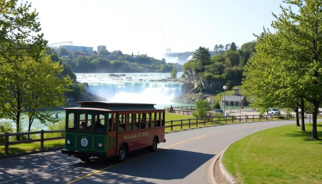 Generate an image of the Niagara Scenic Trolley driving through the park with the falls in the background.