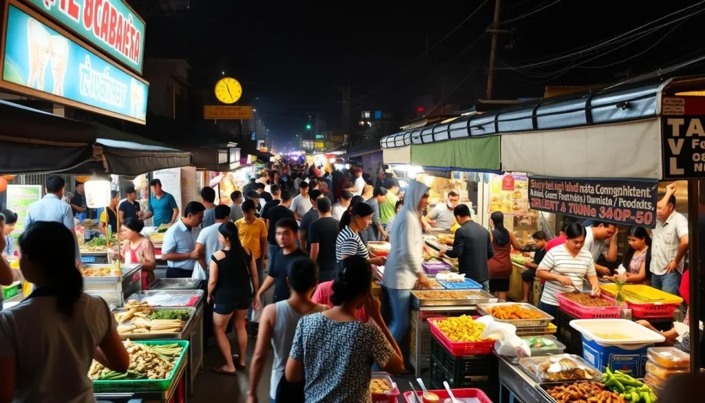 Generate an image of the Night Market in Phnom Penh, showcasing its vibrant atmosphere and street food.