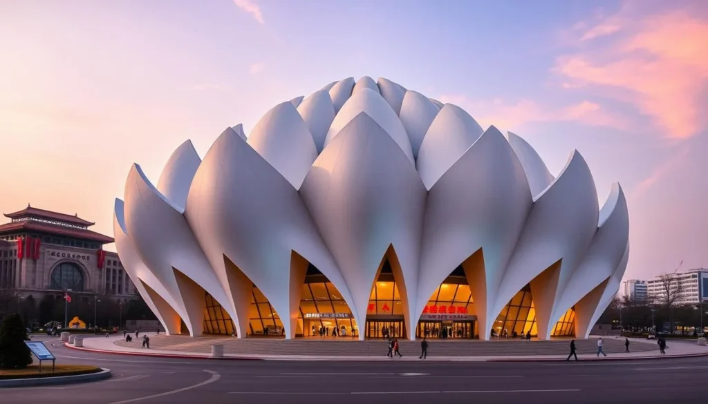 Generate an image of the Ningxia Grand Theater, highlighting its distinctive lotus-shaped design in People's Square.
