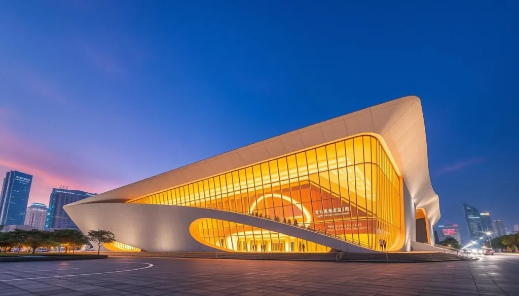 Generate an image of the Ningxia Museum's exterior, showcasing its modern architecture amidst the cityscape.
