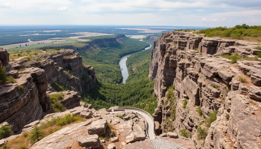 Generate an image of the North Gorge Trail in Burlington, Iowa, highlighting its dramatic terrain and scenic views.