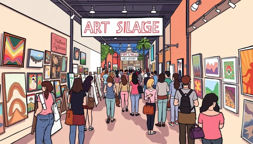 Generate an image of the North Village Arts District during the First Fridays Art Walk, featuring local artists and galleries.