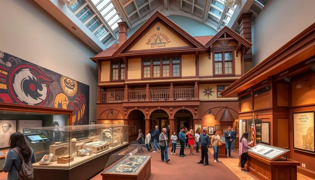 Generate an image of the Northwest Museum of Arts & Culture, showcasing its exhibits on Native American history and the historic Campbell House.