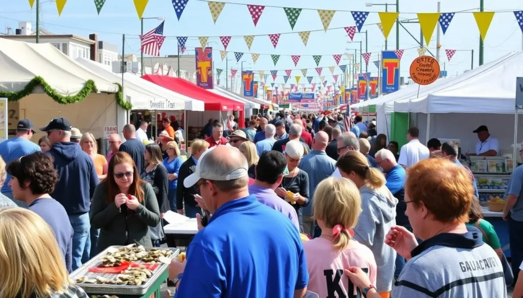 Generate an image of the Norwalk Oyster Festival, showcasing a bustling crowd enjoying oysters and other local delicacies.