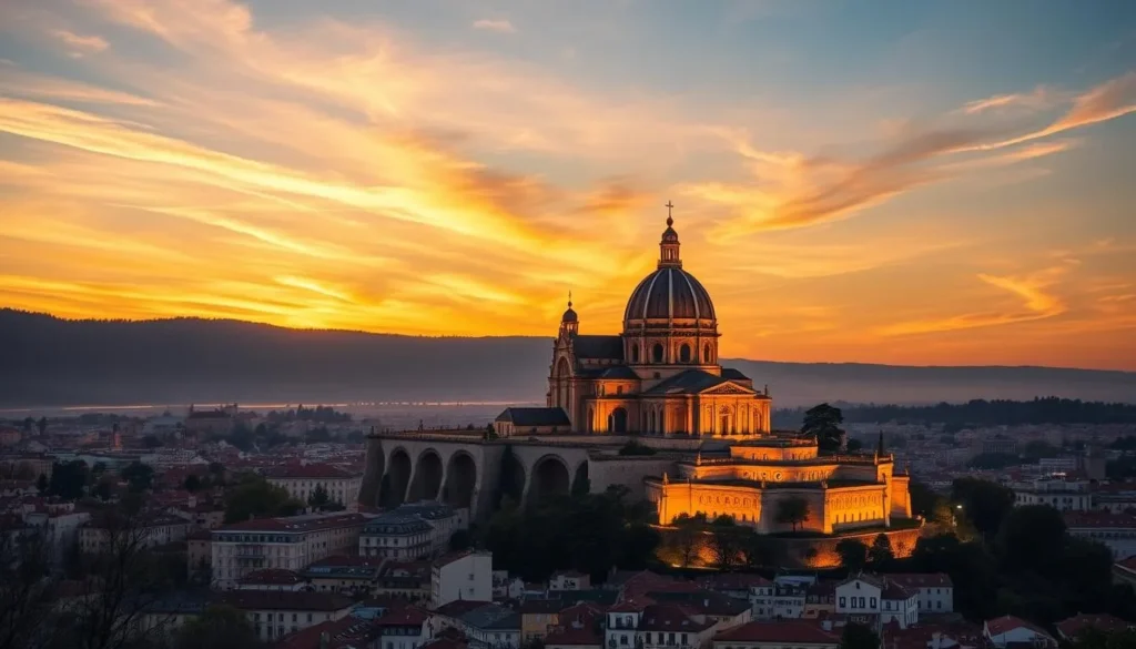 Generate an image of the Notre-Dame de Fourvière Basilica at sunset, with the city of Lyon spread out below.