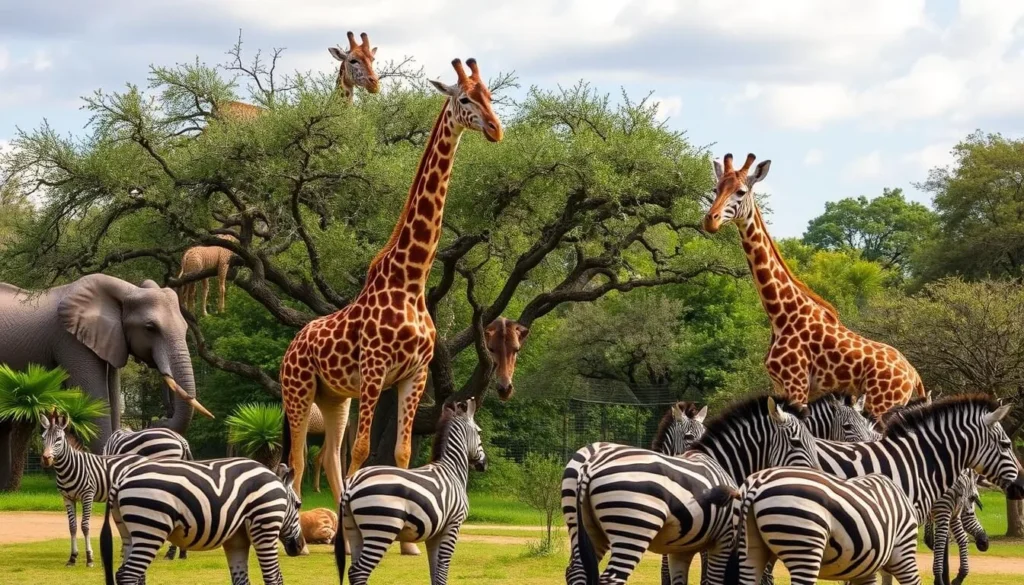 Generate an image of the Oakland Zoo's African Savanna exhibit with giraffes and zebras.