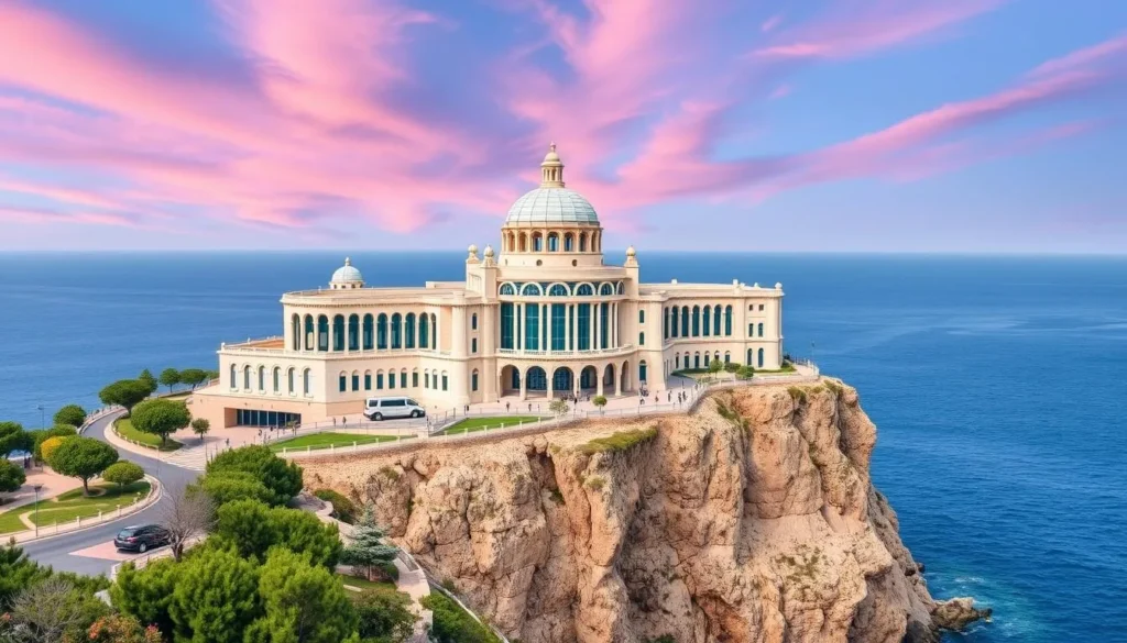 Generate an image of the Oceanographic Museum Monaco's facade perched on a cliff overlooking the Mediterranean Sea.