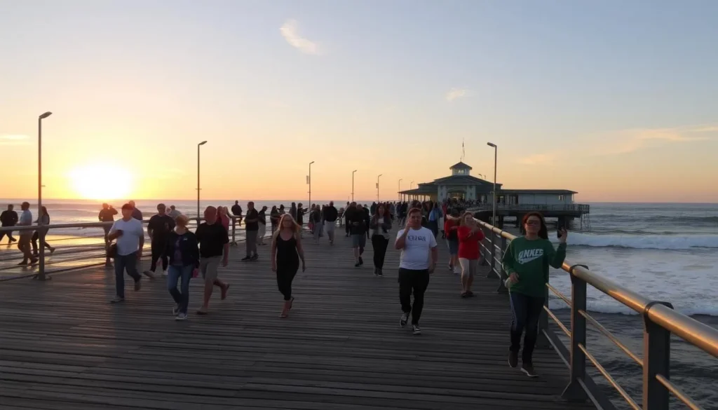 Generate an image of the Oceanside Pier at sunset with people enjoying the views and activities.