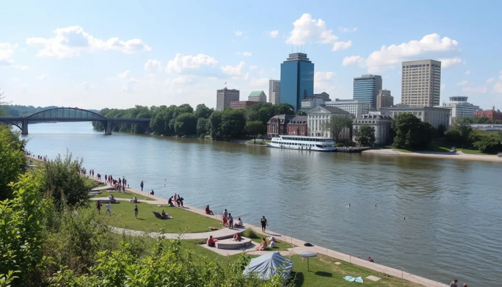 Generate an image of the Ohio River, highlighting its recreational activities and scenic riverfront.