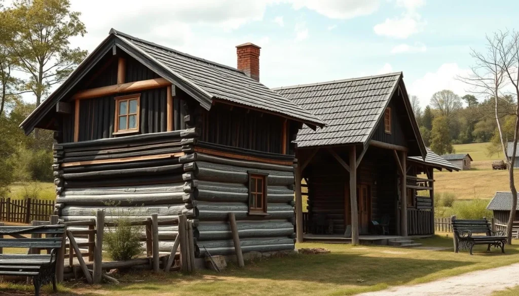 Generate an image of the Old Believer's Village in Slutiski, highlighting its traditional Latvian wooden architecture.