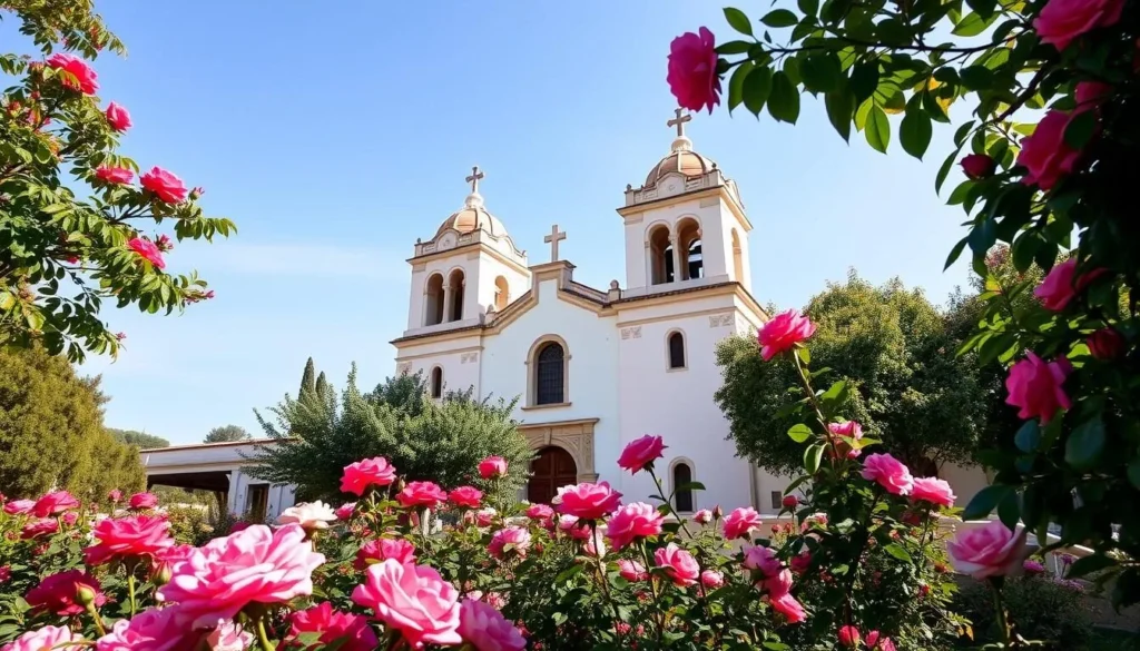 Generate an image of the Old Mission Santa Barbara's twin bell towers and rose garden.