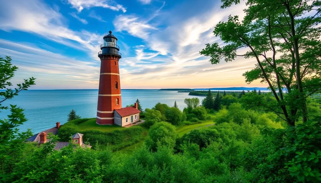Generate an image of the Old Presque Isle Lighthouse, with a serene lakefront scene and lush greenery surrounding it.