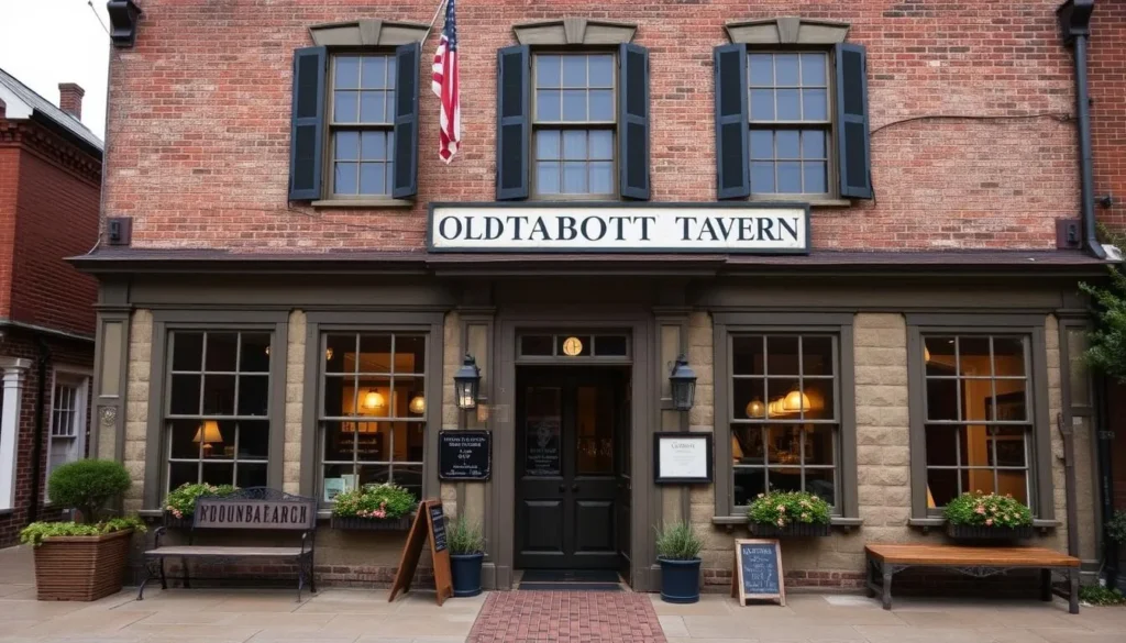 Generate an image of the Old Talbott Tavern's historic facade, highlighting its colonial architecture and inviting entrance.