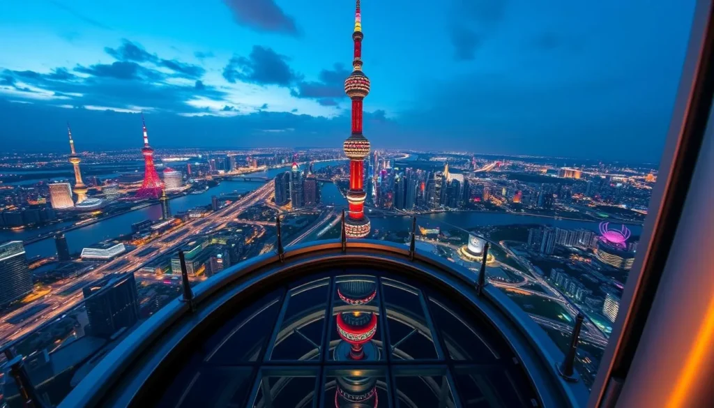 Generate an image of the Oriental Pearl TV Tower's glass-floored viewing platform.