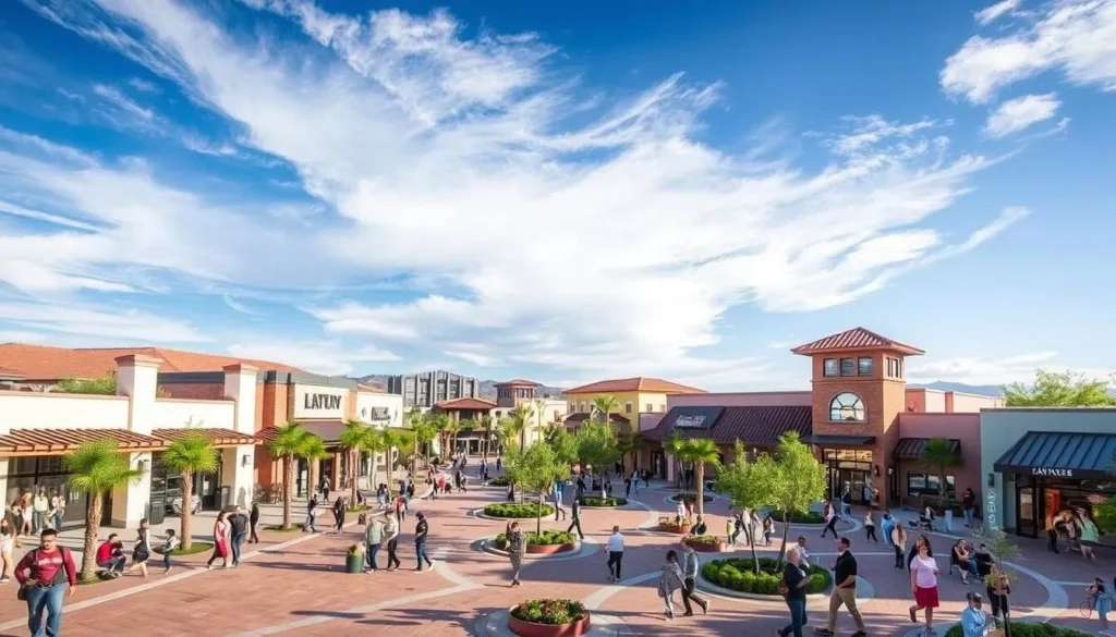 Generate an image of the Otay Ranch Town Center, showcasing its modern architecture and bustling atmosphere.