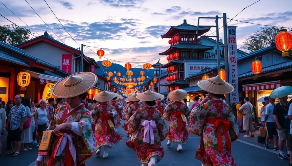 Generate an image of the Owara Kaze no Bon Festival with traditional dancers in straw hats and yukata performing through the streets.